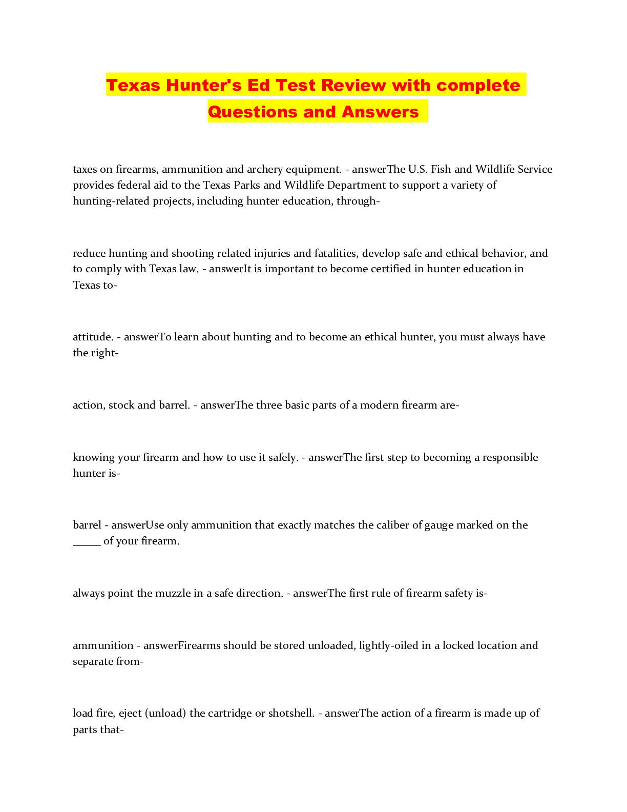 Preview of Texas Hunter's Ed Test Review with complete Questions and Answers